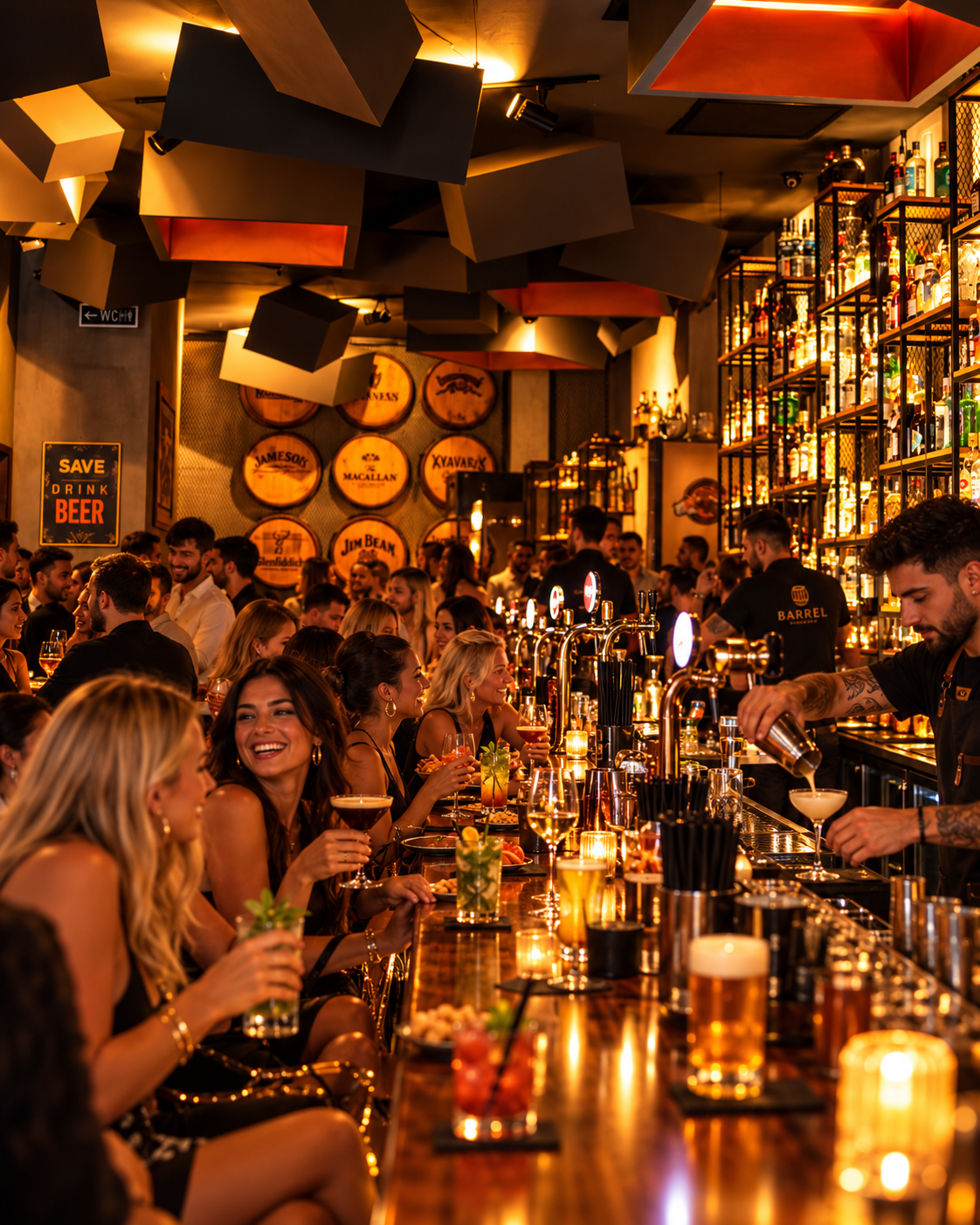 Illustrative promotional scene: Guests socializing at the long Barrel Bar counter in Alanya during a lively evening